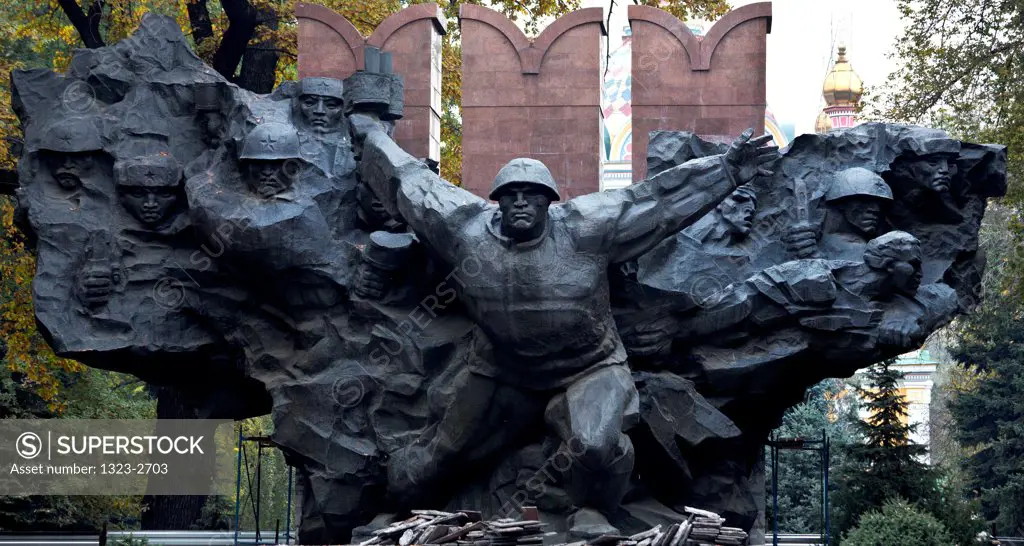 Army soldiers' statues at Panfilov Heroes Memorial Park in Panfilov Park, Almaty, Kazakhstan