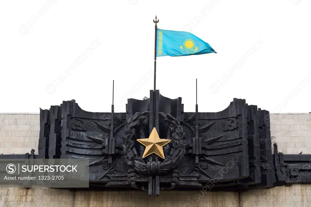 Kazakh flag on top of a memorial, World War II Memorial in Panfilov Park, Almaty, Kazakhstan