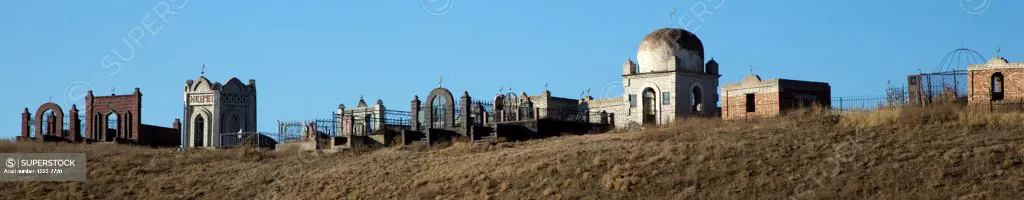 Moslem cemetery at hillside, Kazakhstan