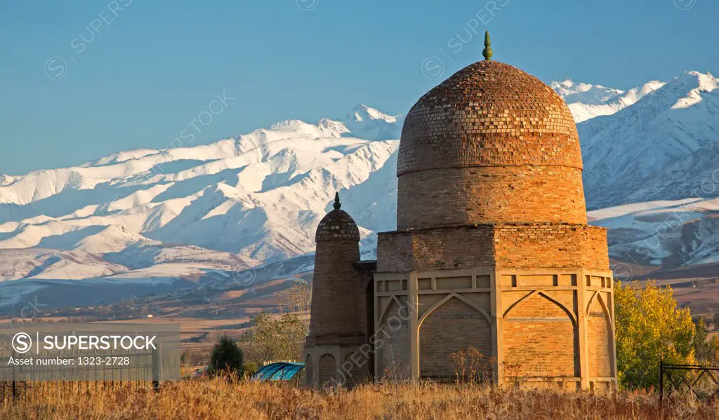 Moslem cemetery with snowcapped mountains in the background, Kyrgyzstan