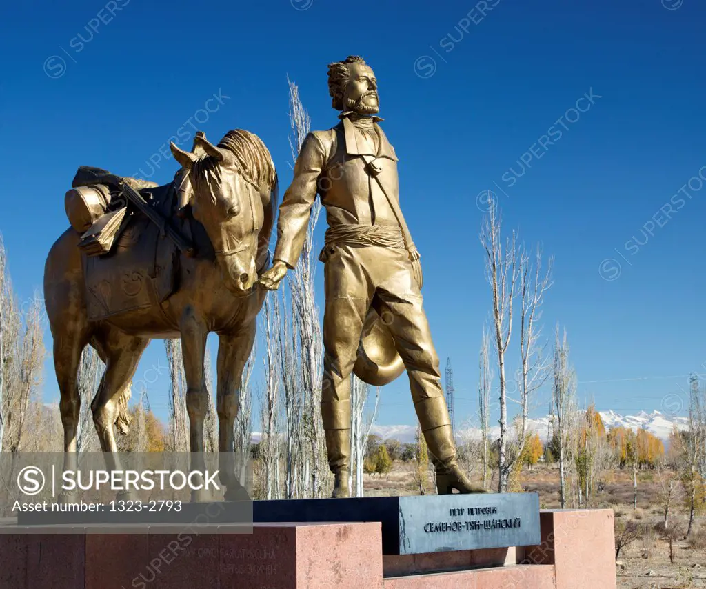Kyrgyzstan, Balykchi, Statue of Russian explorer Pyotr Petrovich Semenov-Tyan-Shansky