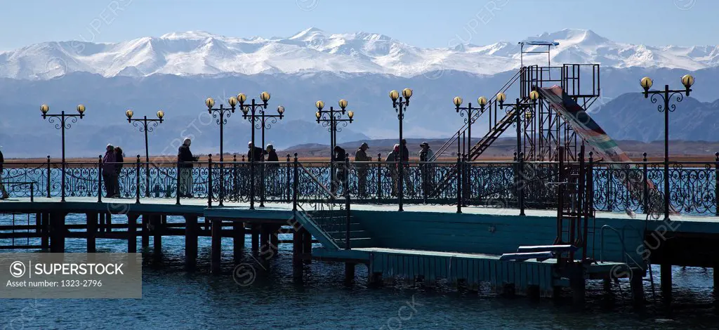 Kyrgyzstan, Balykchi, Swimming pier on Lake Issyk Kul
