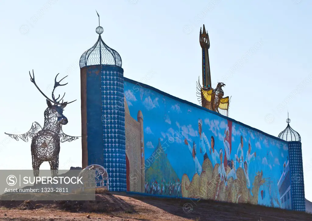 Kyrgyzstan, Revolution commemorative mural overlooking Lake Issyk Kul