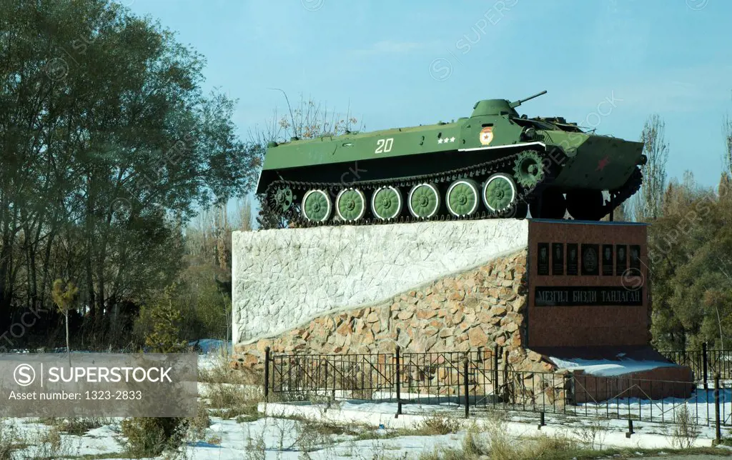 Kyrgyzstan, Soviet era armored vehicle and war memorial near Lake Issyk Kul