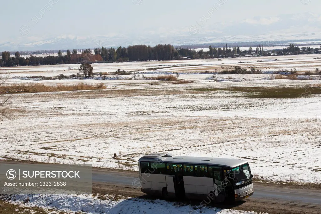 Kyrgyzstan, Parked tourist bus near Lake Issyk Kul
