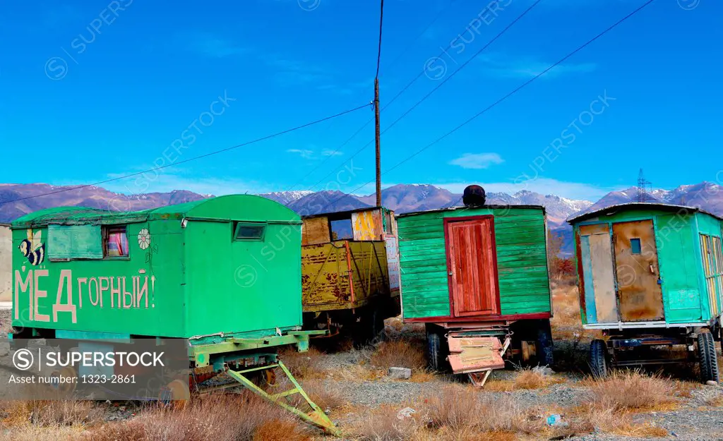 Kyrgyzstan, Abandoned gypsy wagons near Lake Issyk Kul