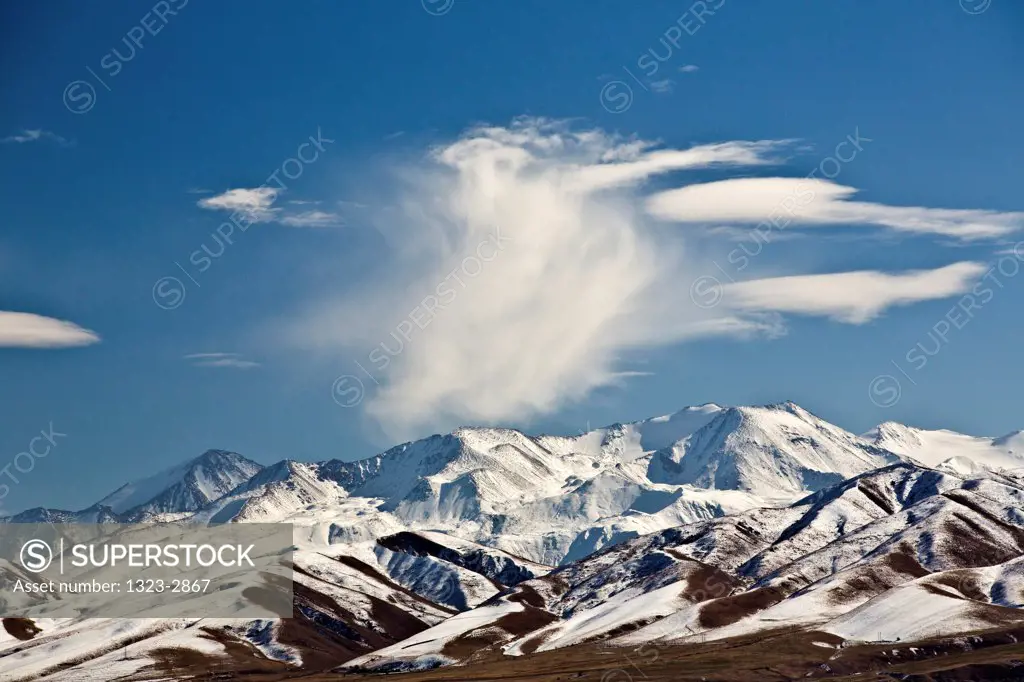 Kyrgyzstan, Tokmok, View of Tian Shan Mountains, from Buran Tower