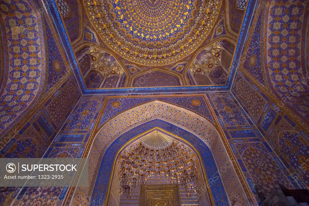 Uzbekistan, Samarkand, Interior walls and ceilings in Registan
