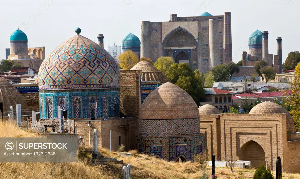 Uzbekistan, Samarkand, View of Shahrain Zindah Complex