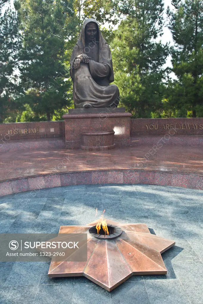 Uzbekistan, Samarkand, War Memorial Park, Flame and statue