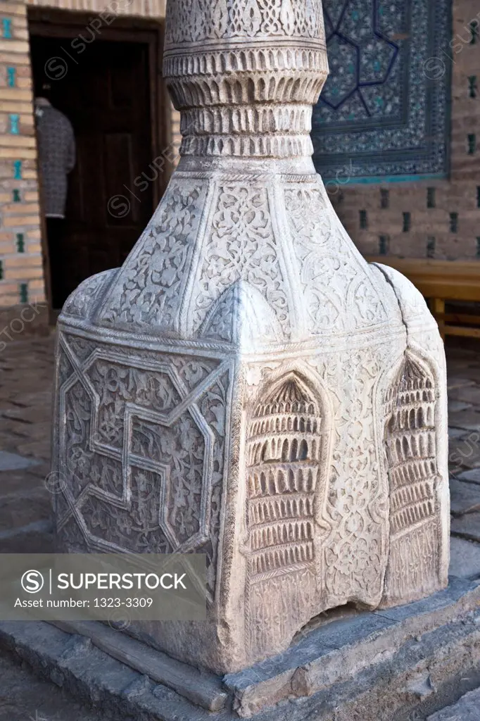 Uzbekistan, Khiva, Kunya Ark, Carved wooden pillar base