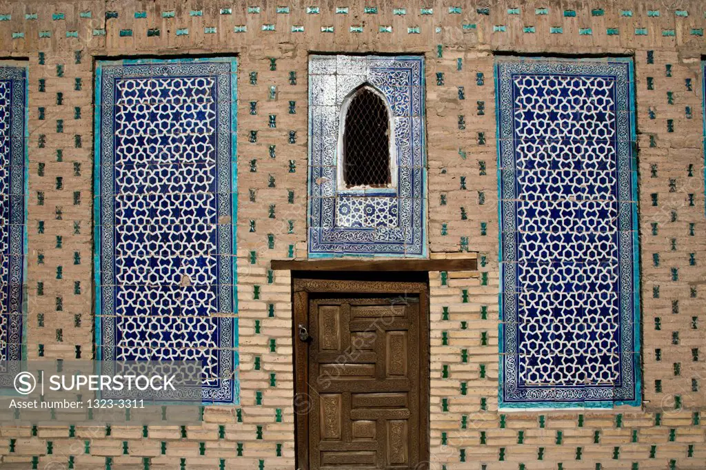 Uzbekistan, Khiva, Kunya Ark, Exterior wall windows and door