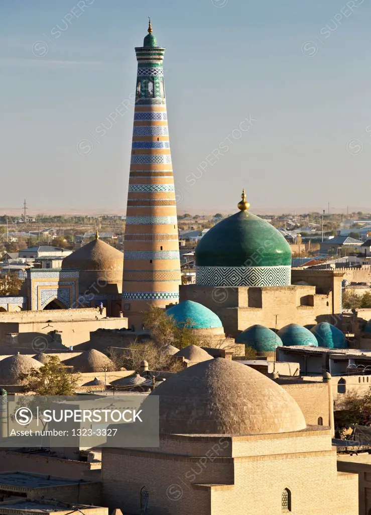 Uzbekistan, Khiva, Minarets and Madrassahs seen from Kunya Ark