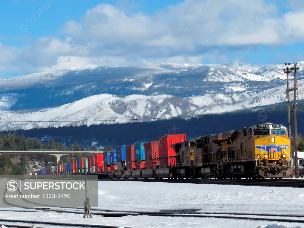 Cargo train in the snow, Truckee, Nevada County, California, USA