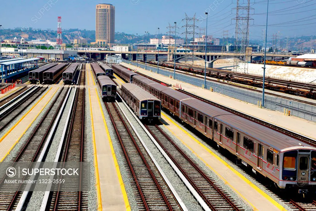Train yards near downtown, Los Angeles, California, USA