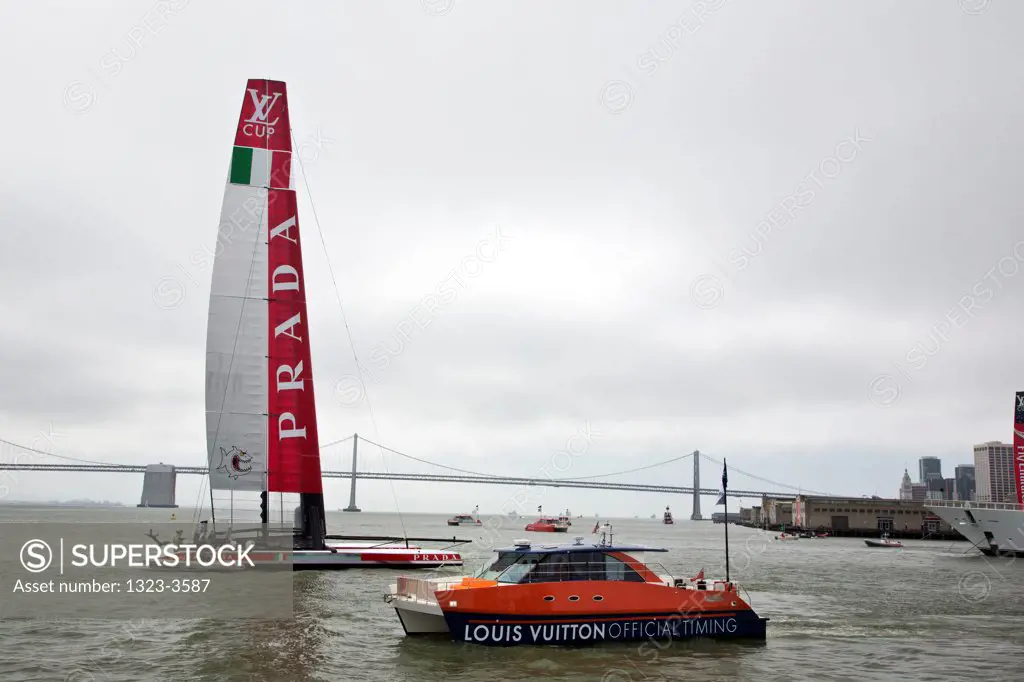 Sailboats racing during America's Cup in San Francisco Bay, San Francisco, California, USA