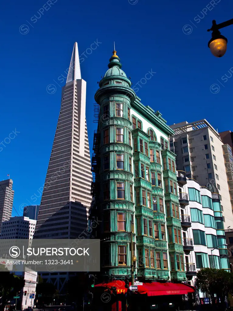 Low angle view of buildings, Columbus Tower, Transamerica Pyramid, San Francisco, California, USA
