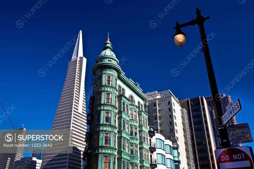 Low angle view of buildings, Columbus Tower, Transamerica Pyramid, San Francisco, California, USA