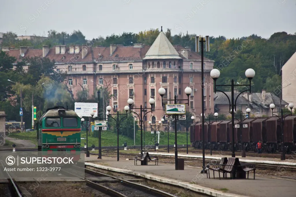 Locomotive engine on a railroad track at Chernivtsi Railway Station, Chernivtsi, Ukraine