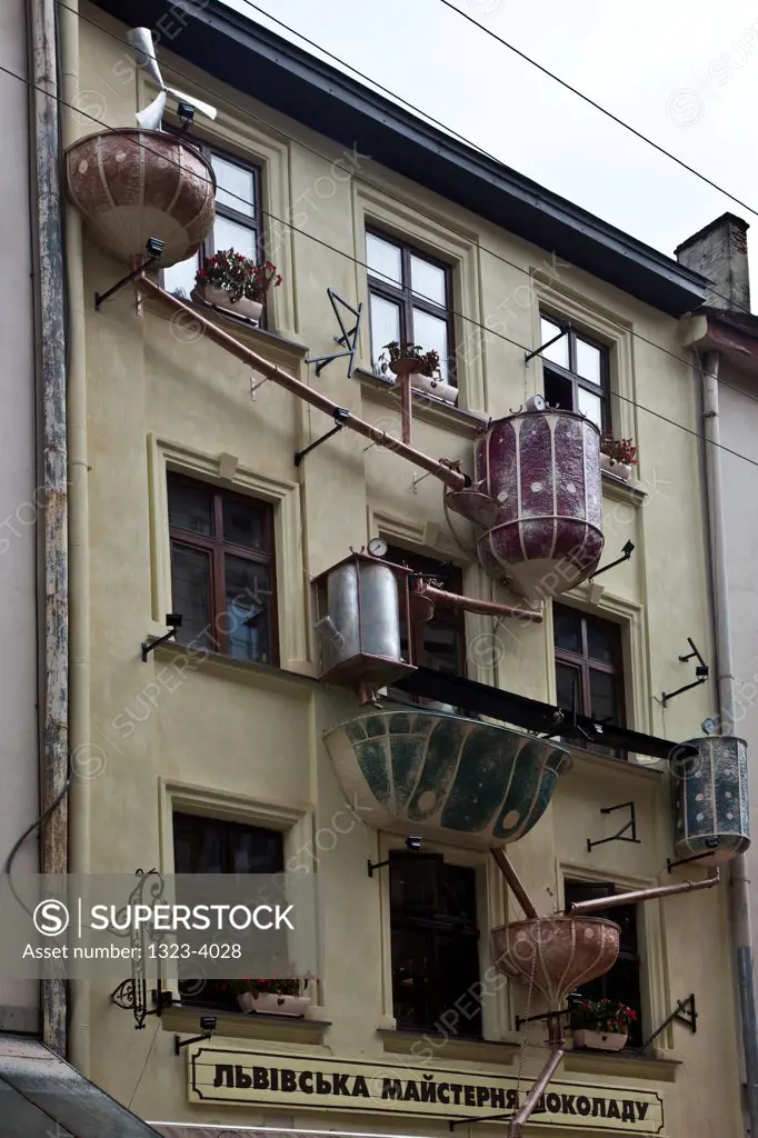 Low angle view of a restaurant building in a town, Lviv, Ukraine