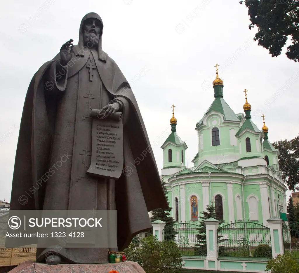 Belarus, Brest, Statue of Afanasy Bretsky in front of St Simeon Orthodox Church