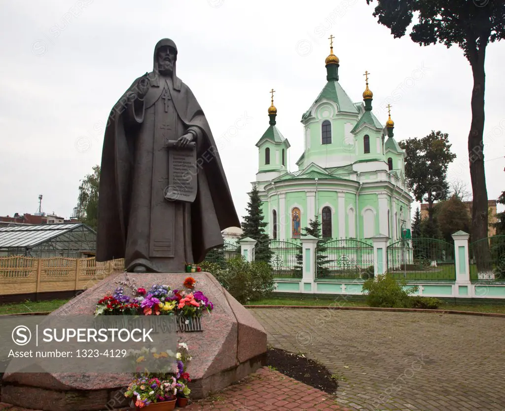 Belarus, Brest, Statue of Afanasy Bretsky in front of St Simeon Orthodox Church