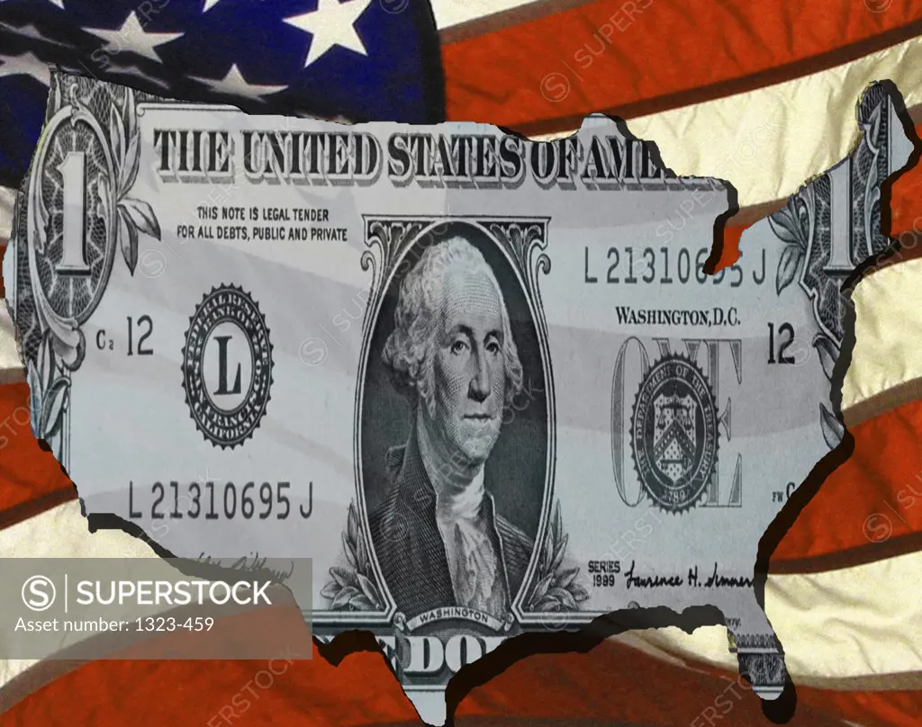 Close-up of a one dollar bill in the shape of the US map on an American flag