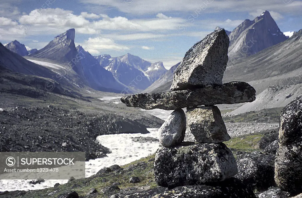 Stack of stones in a valley, Baffin Island, Nunavut, Canada