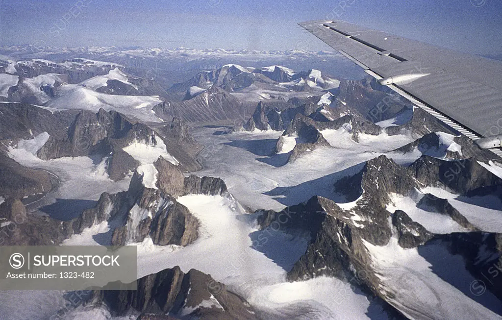 Aerial view of snow covered mountains, Baffin Island, Nunavut, Canada