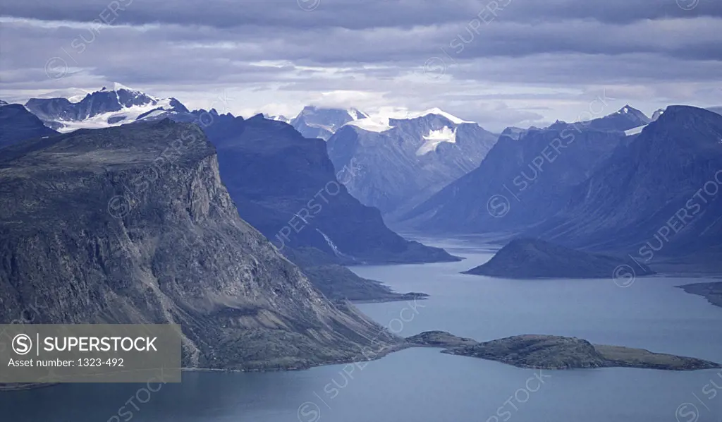 High angle view of a lake surrounded by mountains, Baffin Island, Nunavut, Canada