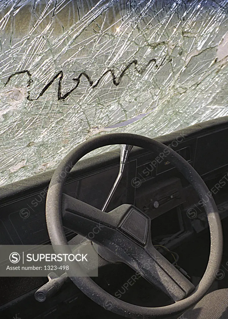 Close-up of the steering wheel of a damaged car