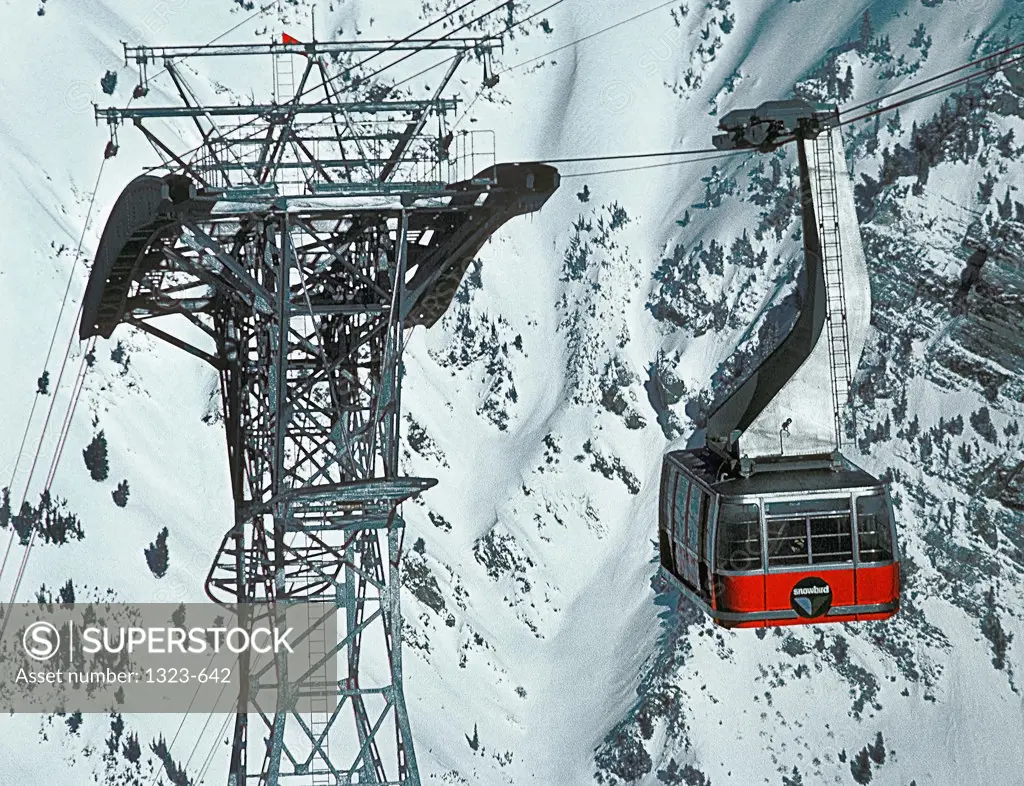 High angle view of an overhead cable car moving over a polar landscape
