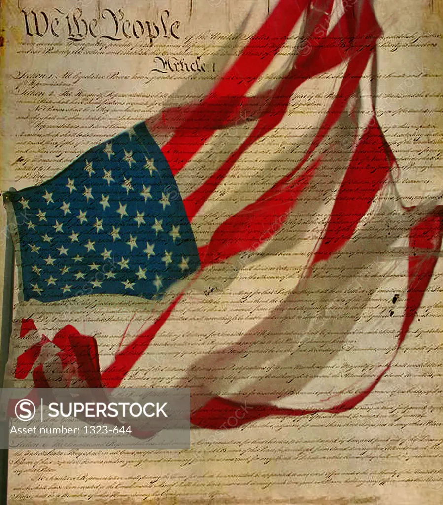 Close-up of an American flag superimposed on the US constitution