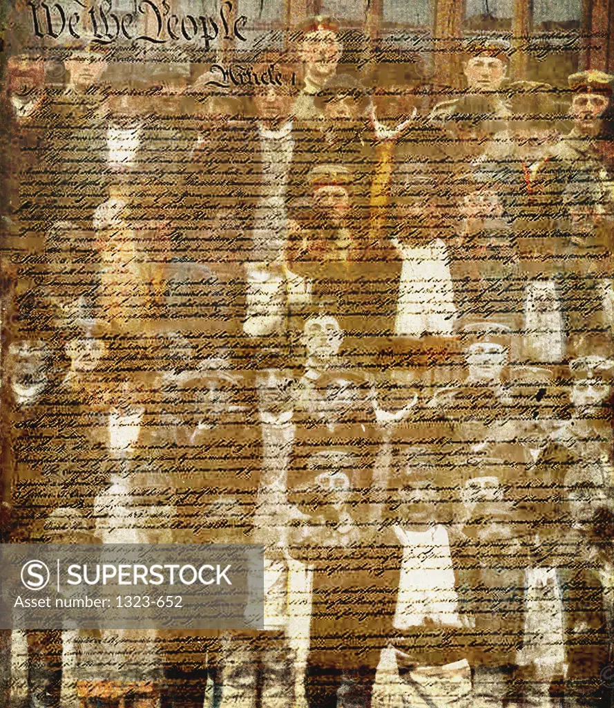 Close-up of the US Constitution superimposed on the image of a group of people