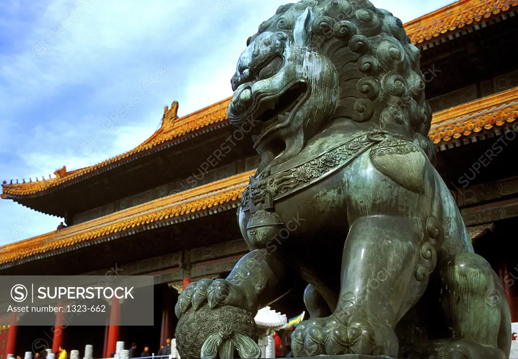 Low angle view of a lion statue in front of a building, Forbidden City, Beijing, China