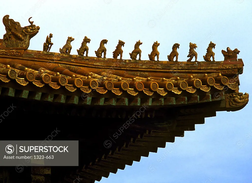 Dragon figurines on the roof of a building, Forbidden City, Beijing, China