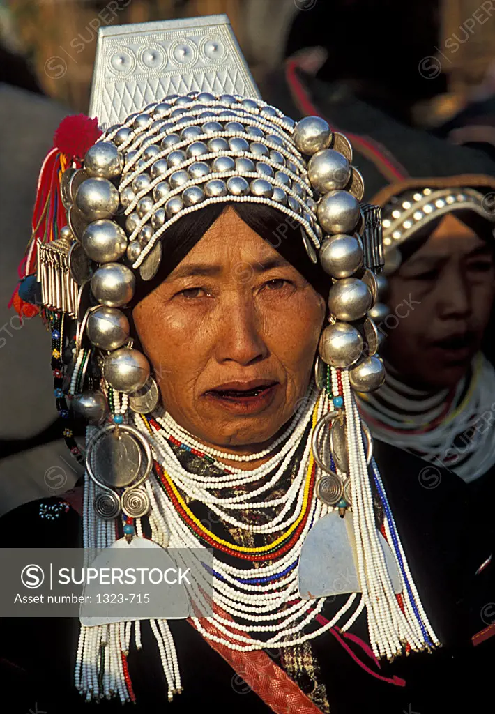 Portrait of an Akha tribal senior woman in traditional clothing, Myanmar
