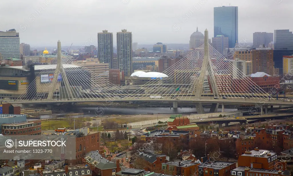 Cityscape with a suspension bridge, Leonard P. Zakim Bunker Hill Bridge, Boston, Suffolk County, Massachusetts, USA