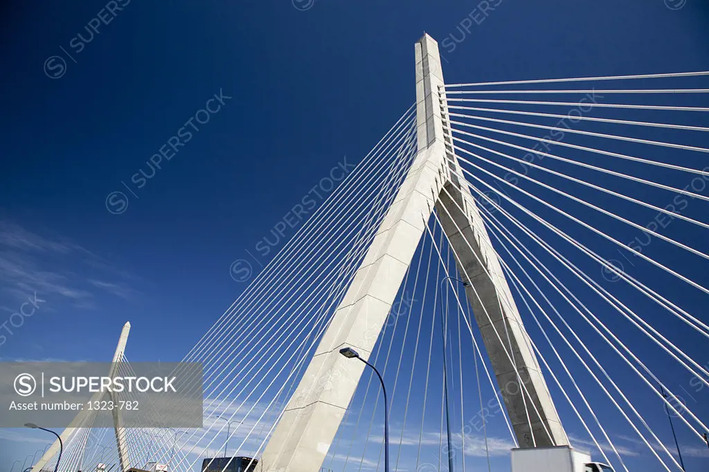 Low angle view of a suspension bridge, Leonard P. Zakim Bunker Hill Bridge, Boston, Suffolk County, Massachusetts, USA