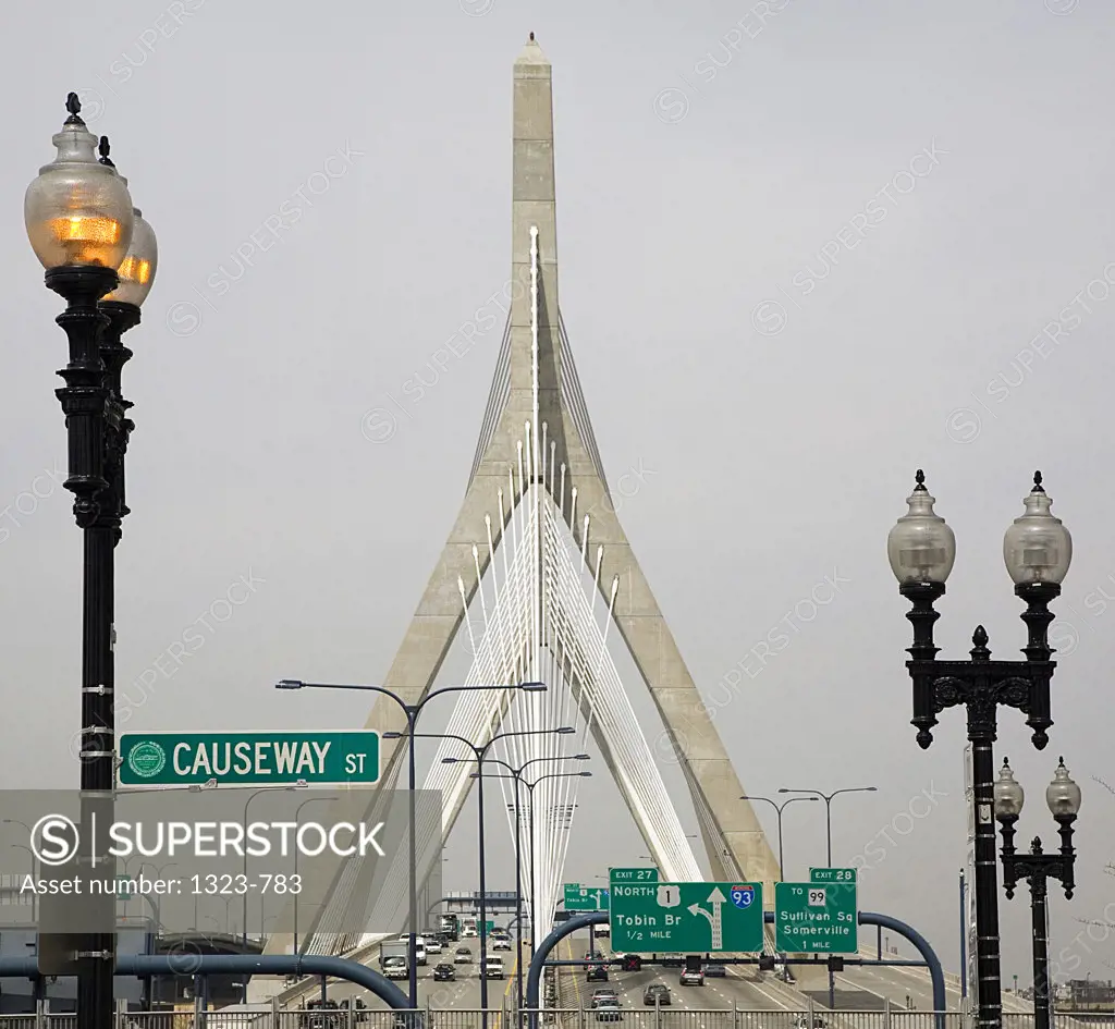 Street lights on a bridge, Leonard P. Zakim Bunker Hill Bridge, Boston, Suffolk County, Massachusetts, USA