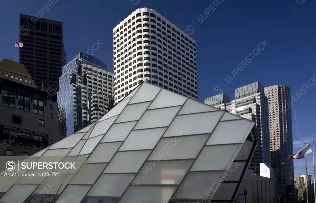 Low angle view of a subway station with skyscrapers in a city, Boston, Suffolk County, Massachusetts, USA