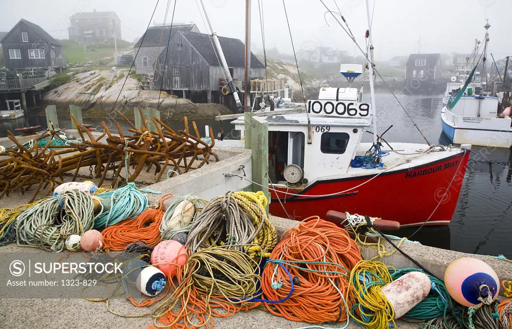 Fishing bobbers and ropes on a pier, Peggy's Cove, Nova Scotia, Canada
