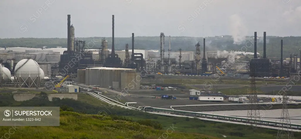 Smoke stacks in an oil refinery, St. John, New Brunswick, Canada