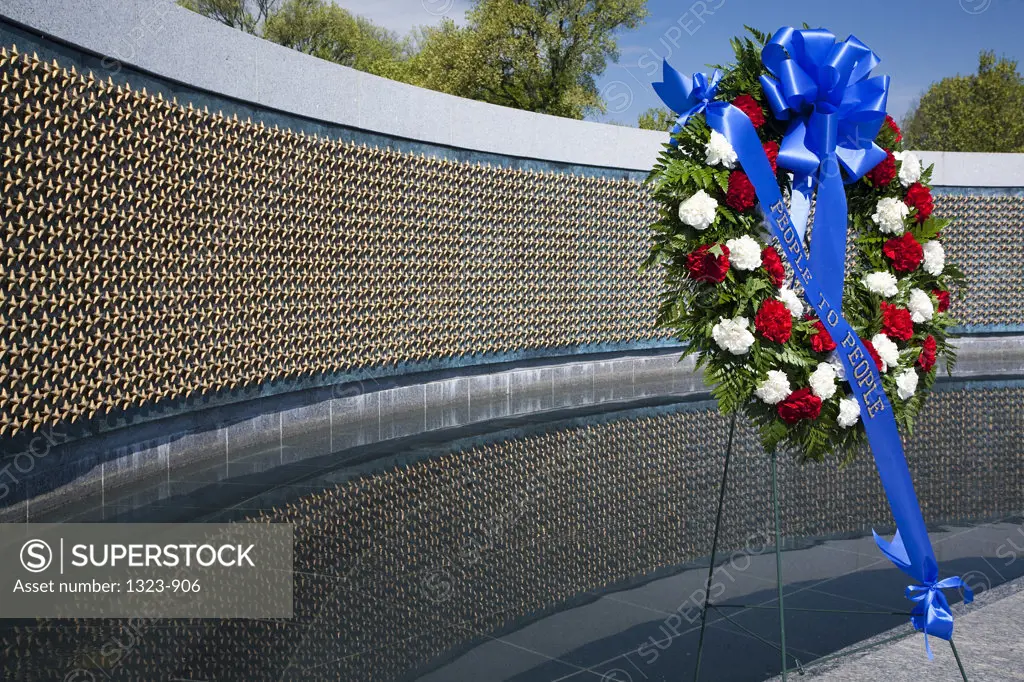 Wreath at a war memorial, National World War II Memorial, Washington DC, USA