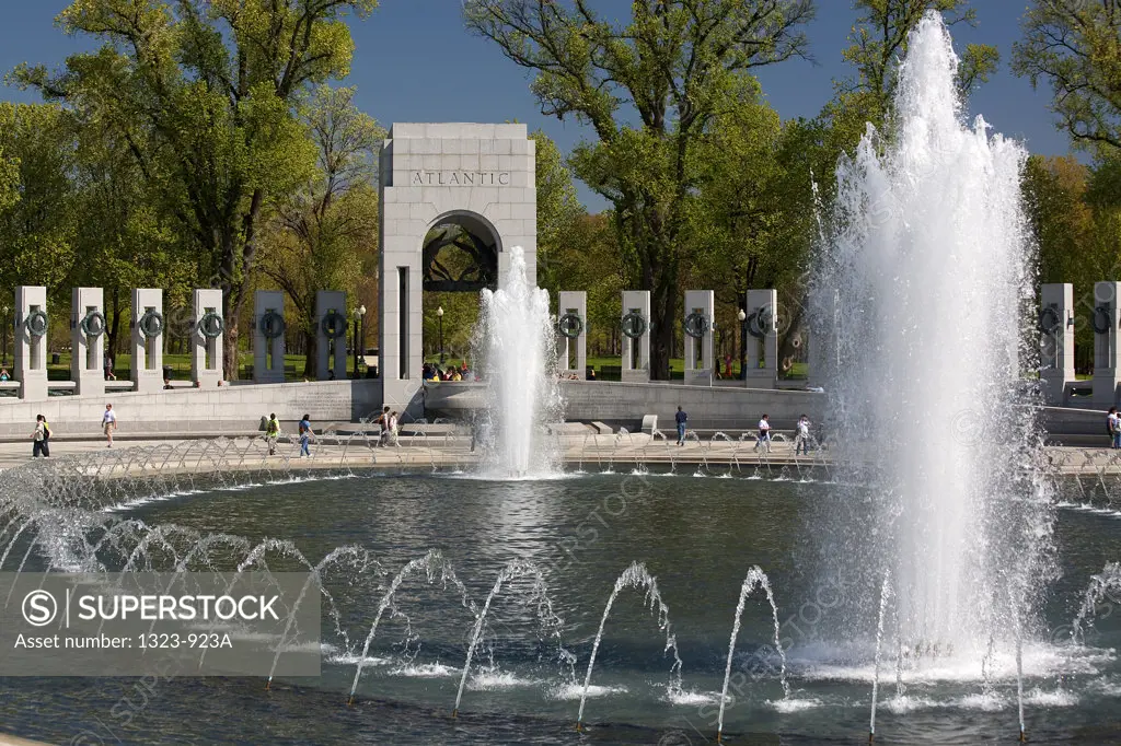 Fountains at a war memorial, National World War II Memorial, Washington DC, USA