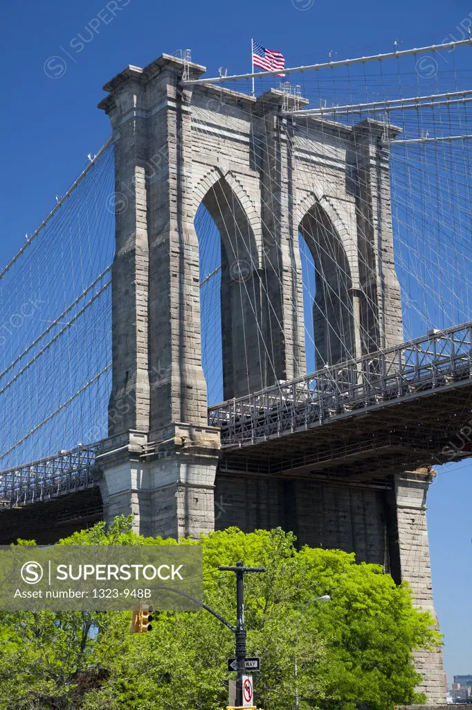 Low angle view of a suspension bridge, Brooklyn Bridge, Brooklyn, New York City, New York State, USA