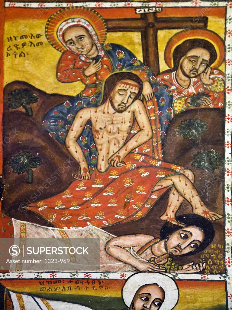 Details of Ethiopian religious painting representing resurrection of Jesus Christ
