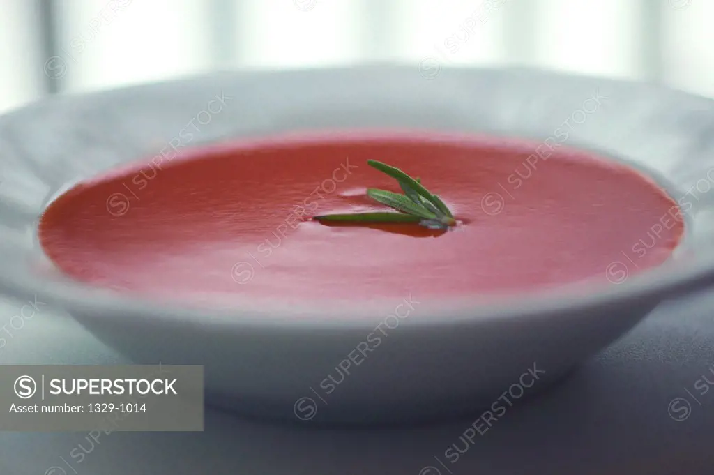 Close-up of tomato soup in a bowl