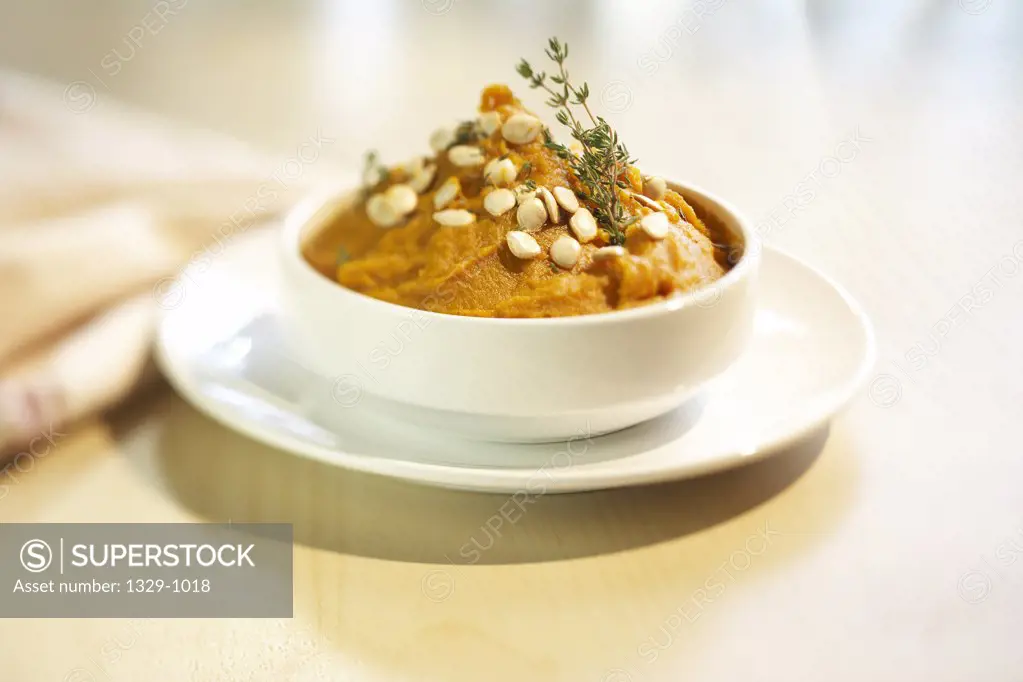 Close-up of pumpkin squash soup in a bowl