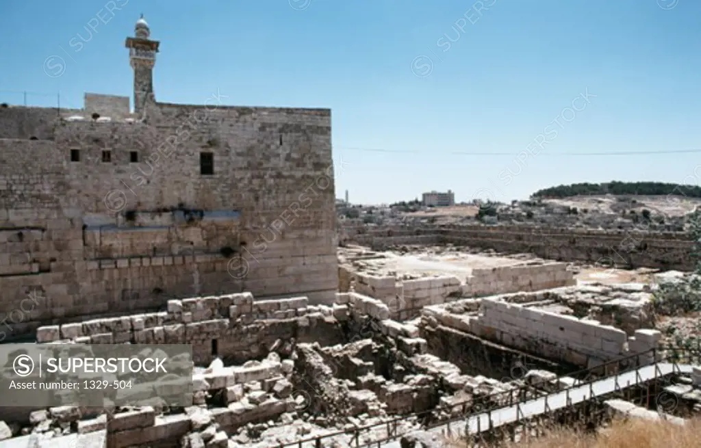 High angle view of old ruins of a wall, Wailing Wall, Jerusalem, Israel
